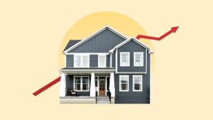 photo illustration of gray house and red arrow on a yellow background