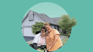 An image of two homeowners in front of their home, set on a green background