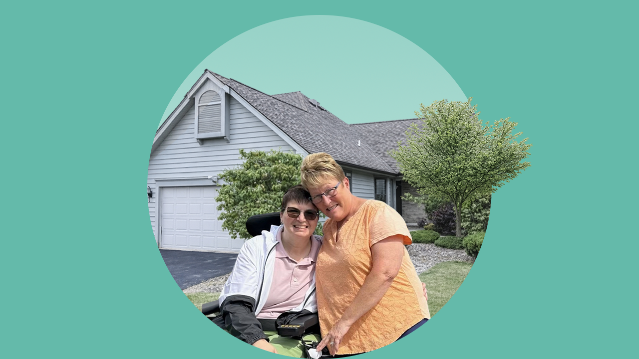 An image of two homeowners in front of their home, set on a green background
