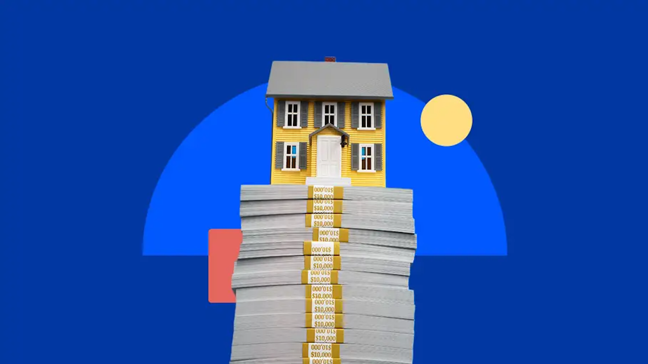 yellow house atop stack of money, blue background