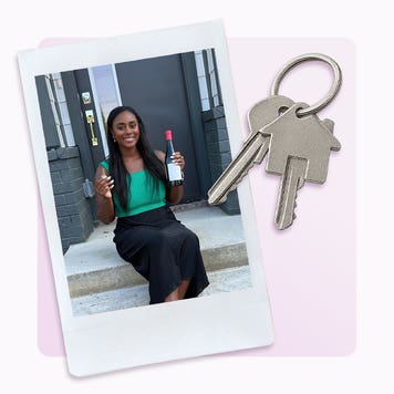 A woman in front of her home and a set of keys.