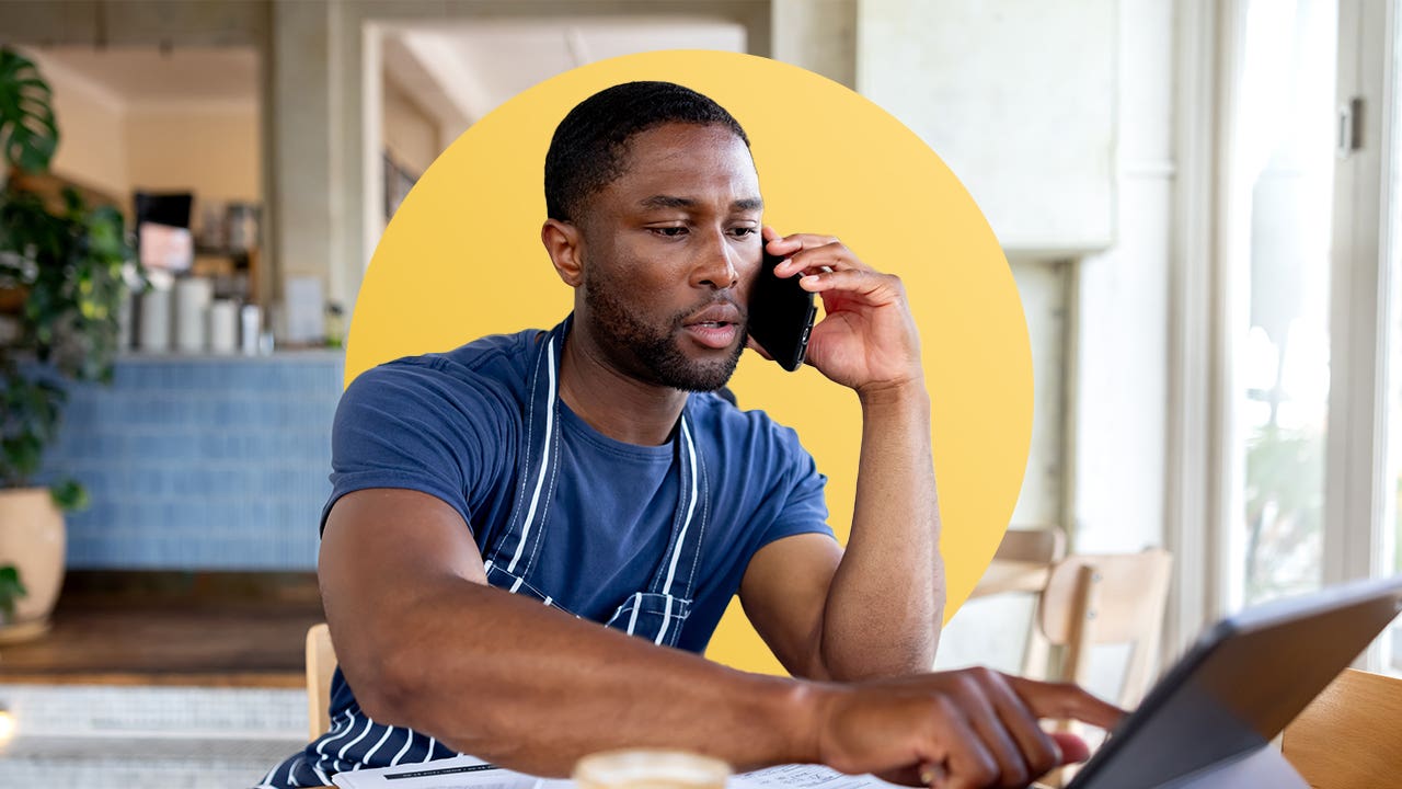 design image of a business owner on the phone and his ipad