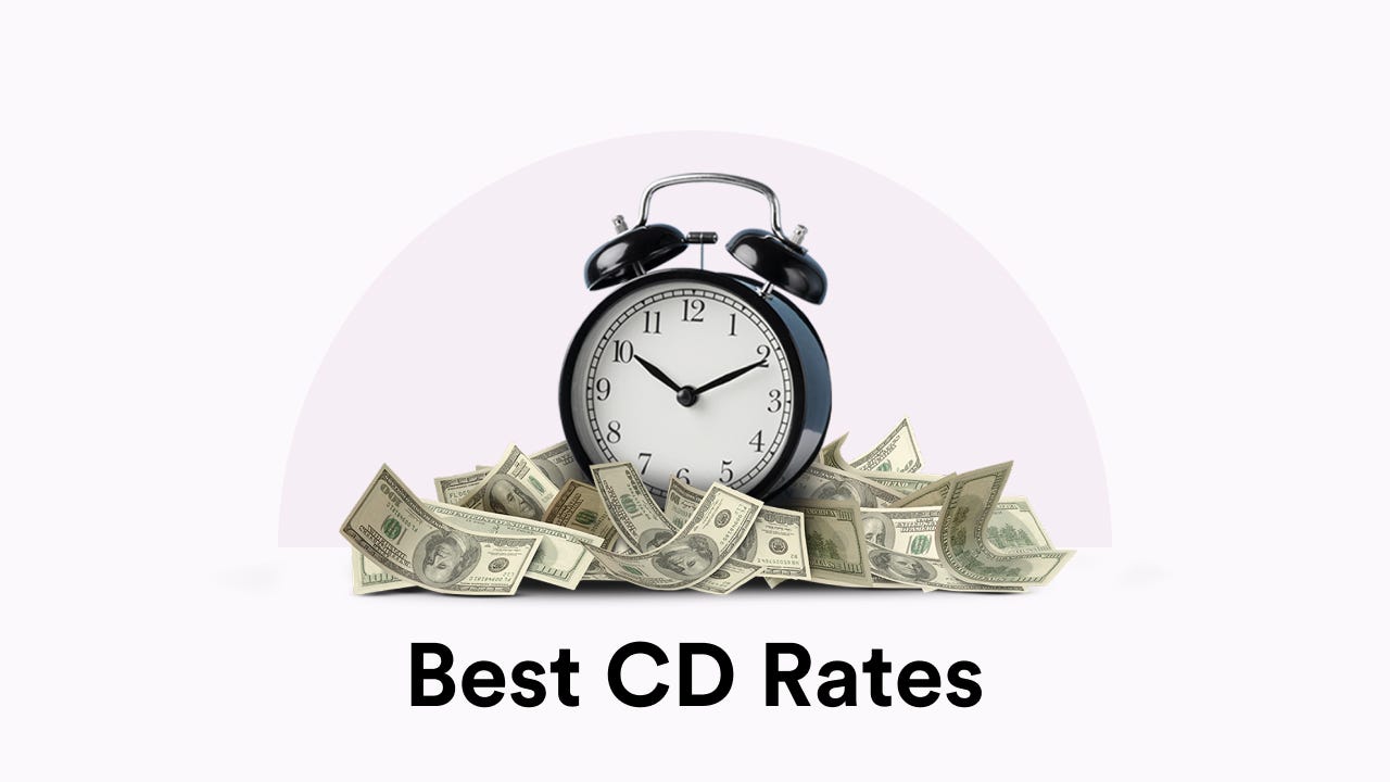 Clock and dollar bills representing a Certificate of Deposit, with the title Best CD Rates