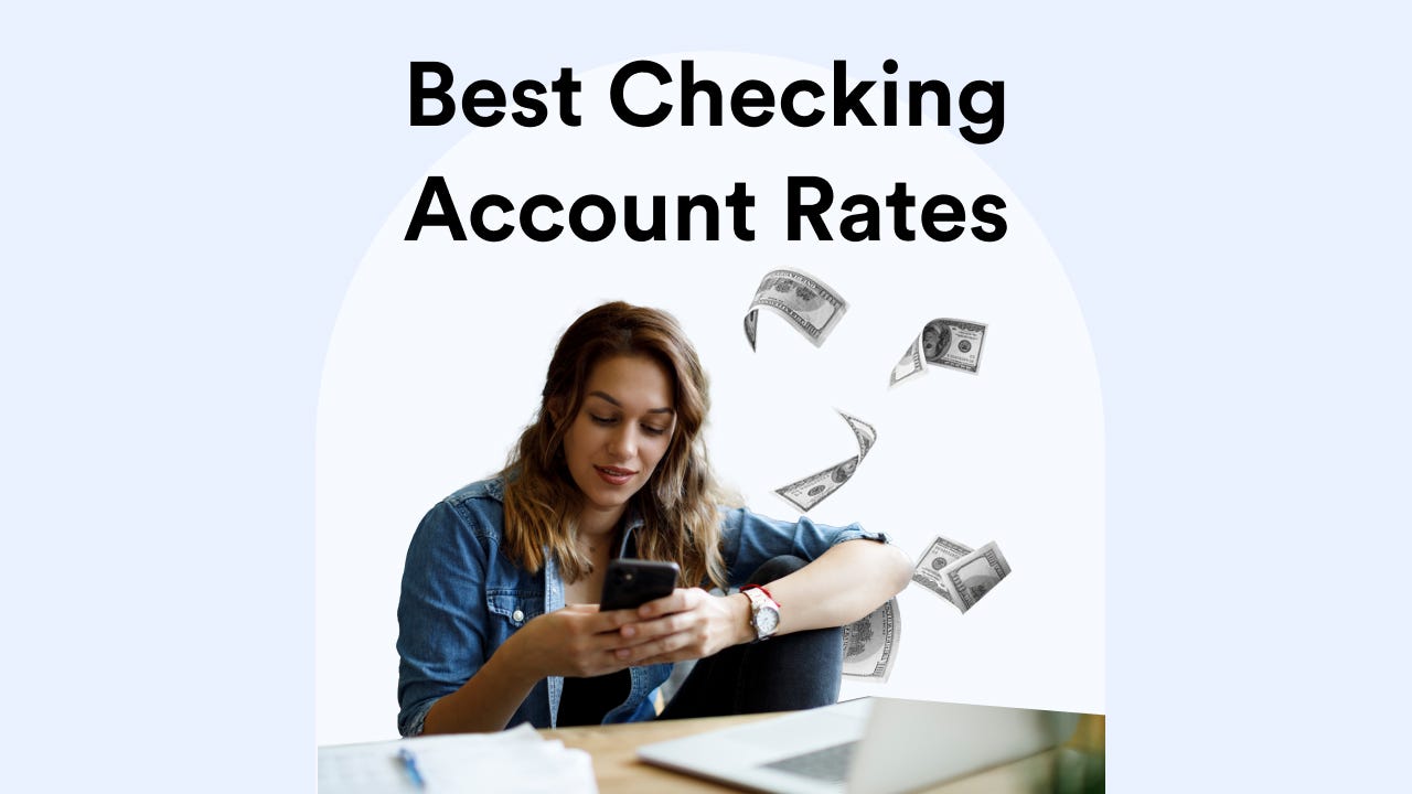 Woman on computer opening a checking account, with title Best Checking Account Rates