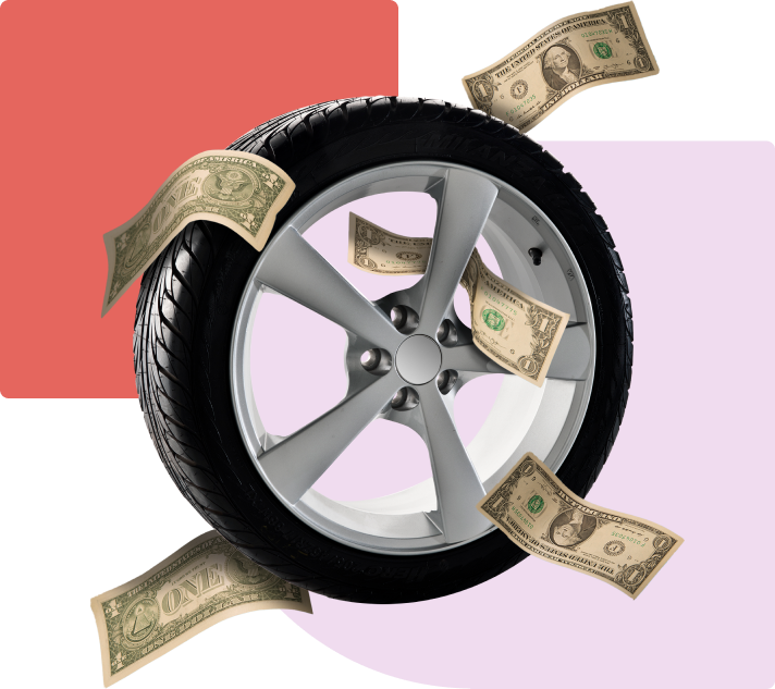 Collage of car wheel with money