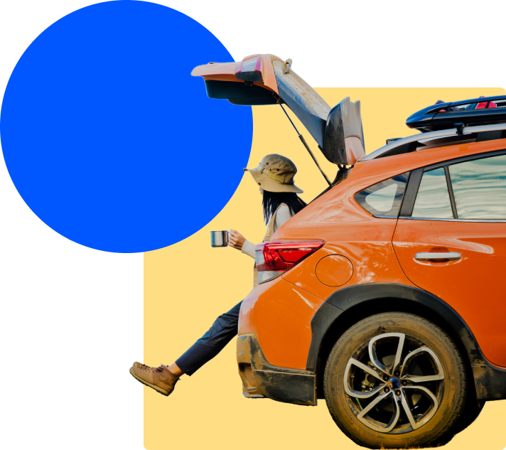 Collage of woman sitting in car trunk