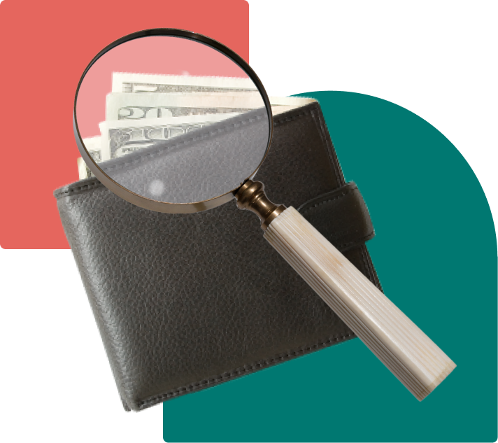 Collage with magnifying glass and wallet