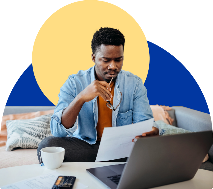 Collage of man staring at laptop